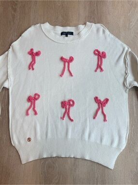 Simply Southern Cream Crewneck Sweater with Pink Bow Appliqués